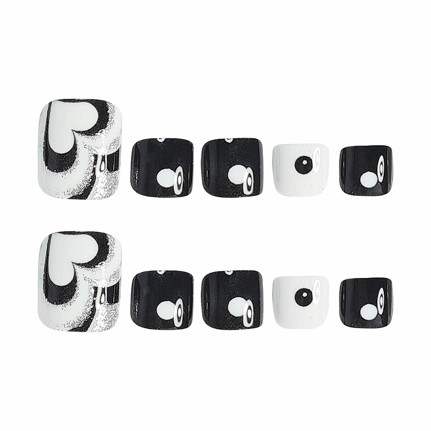 MISUD Toe Press on Nails - Fake Toenails with Black White, Acrylic Toenail Heart Polka Dot Design 24 pcs