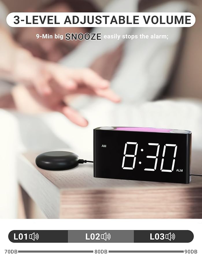 Vibrating Alarm Clock for Heavy Sleepers – Loud Alarm with Bed Shaker, 3 Wake Modes, Large 7.5” Display, 5-Level Dimmer, USB & Type-C Charging, Plug-in with Battery Backup for Bedroom, Teens & Deaf