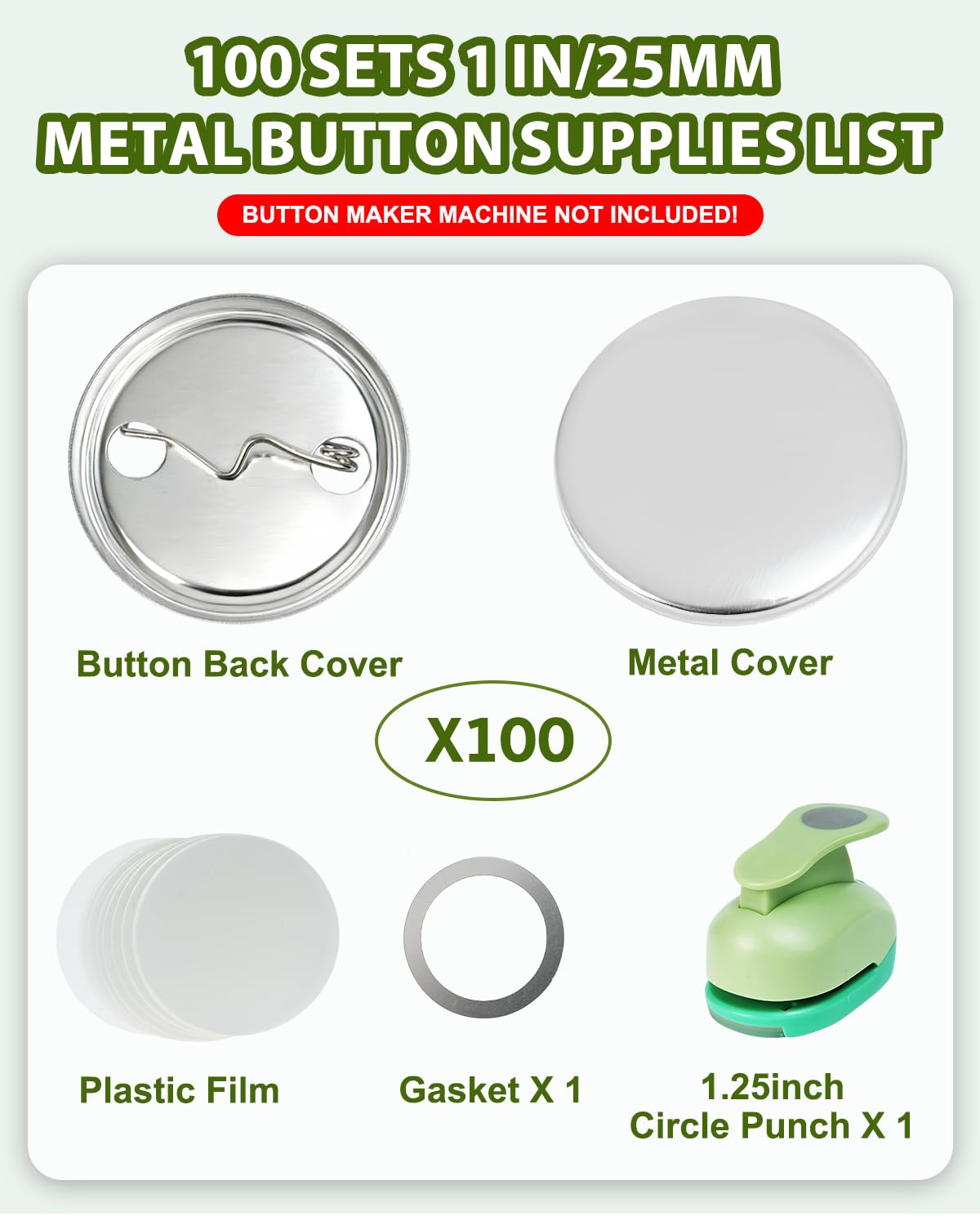 UCEC 100 Sets Button Maker Supplies, 1 inch Metal Buttons & 1.25 inch Circle Punch with Metal Backs, Pin Maker Supplies, Button Making Parts, Badge Makers Kit (Pin Maker Machine Not Included)