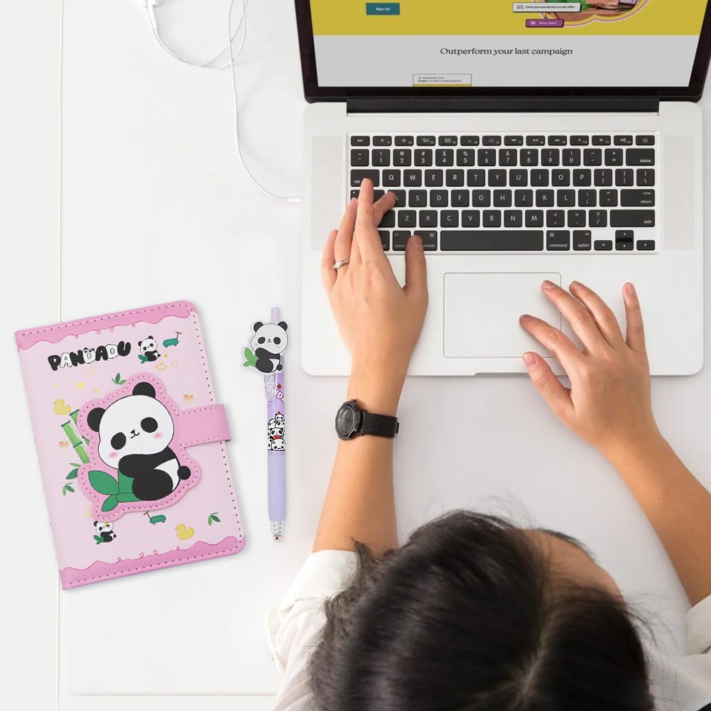 2 in 1 Cute Panda Theme Stationery Gift Box Set Includes 1 Pcs A6 Cartoon Panda Notebook Journal Hardcover Notepad Diary and Pen Gift for Birthday Christmas Kids Study Office School Supplies (Pink)