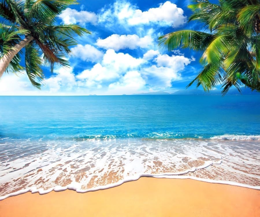Summer Tropical Beach Backdrop Blue Sea Sky White Clouds Palm Trees Backdrop Theme Portrait Photography Background Holiday Photo Video Studio Props Banner 10x10ft - color: Blue, size: 10x10ft