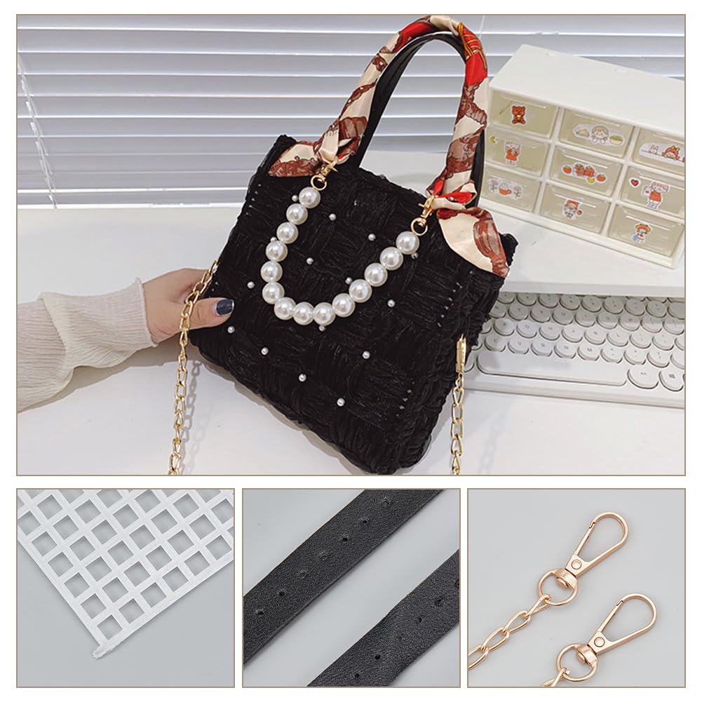 WADORN DIY Knitting Crochet Handbag Kits, Handmade Woven Bag Making Cross Stitch Mesh Plastic Canvas Sheets Set Hand-Knit Craft Shoulder Bags Needlepoint Kit with Ribbon Materials, Black