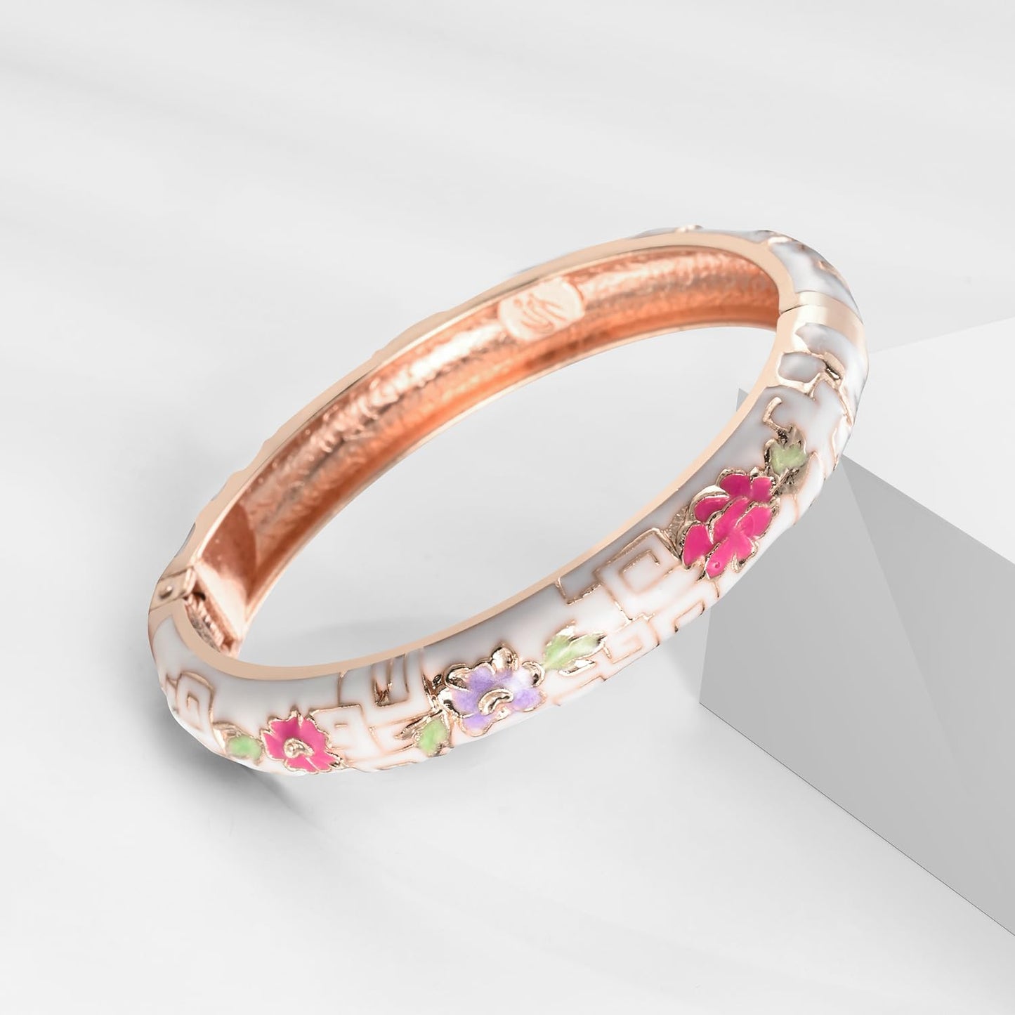 UJOY Womens Multi-Colors Cloisonne Bracelet Gold Plated Flower Enameled Hinged Cuff Bangles Jewelry Gift 55A-3PCS White