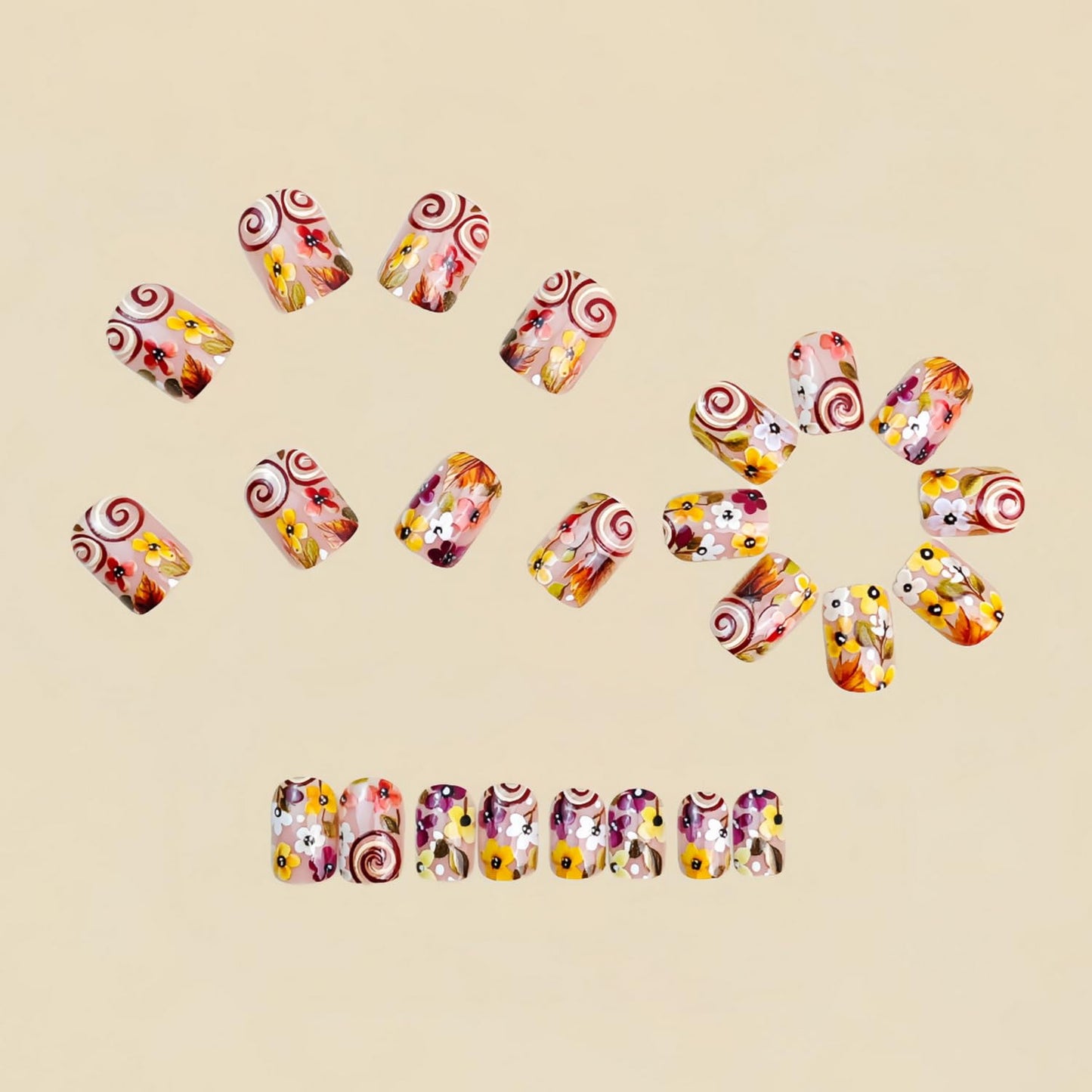 24pcs Flower Press on Nail Short Square Fake Nails with designs Stick on Nail Spring False Nails Press ones Glossy Full Cover Reusable Glue on Nails for Women Manicure Decor