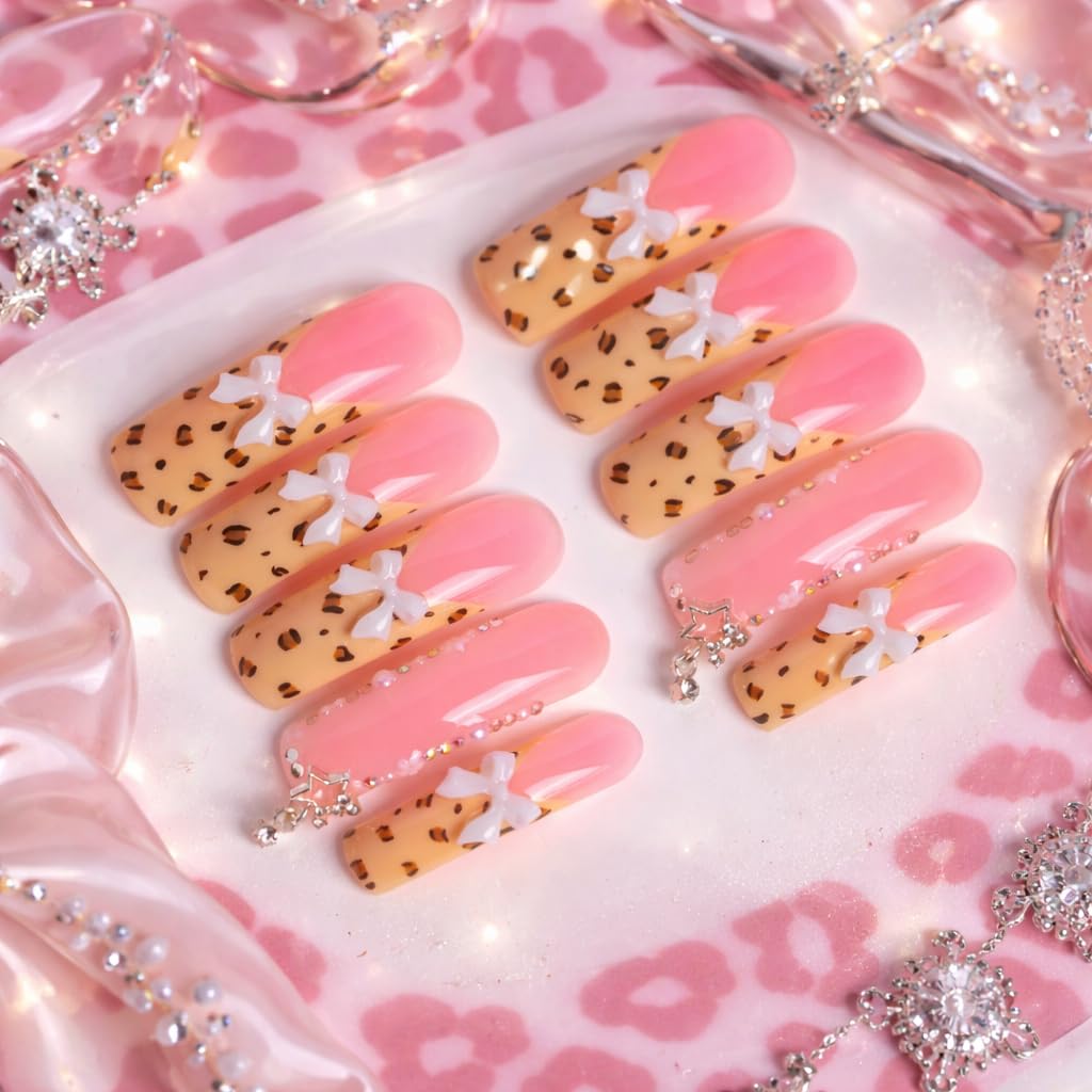IntoVibes 10 Pieces Handmade Luxury Long Press On Nails With Curved Design, Bowknot And Leopard Prints, Pink Thickened False Nails, Reusable Fake Nails, Square Acrylic Nails (L)