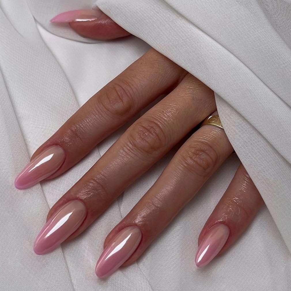 evpct Glazed Press On Nails Almond Medium, Ombre Nude to Pink, Chrome Glazed Glossy Medium Almond Fake False Press on Nails, Soft Gel Stick on nail Press ons with Nail Kit, Reusable Salon Quality