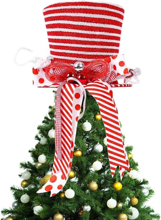 Christmas Tree Topper Hat,10 in Stripes Plaid Xmas Tree Top Hat with Ornaments and Bows,Collapsible Red White Stripe Tree Topper,Christmas Tree Decoration,Xmas Tabletop Ornaments (red)