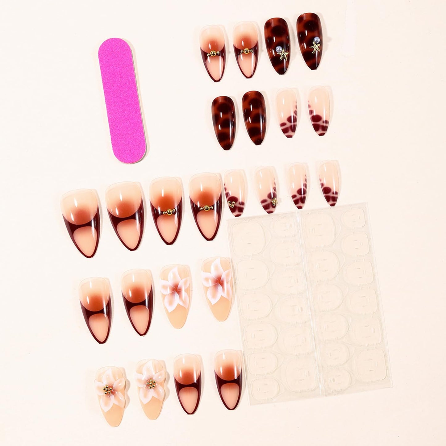 Lily Flower Press on Nails Medium Almond Artificial Acrylic False Nails French Brown 3D Metal Starfish Stick on Nails Full Cover Floral Reusable Coffin Artificial Fingernails for Women Manicure