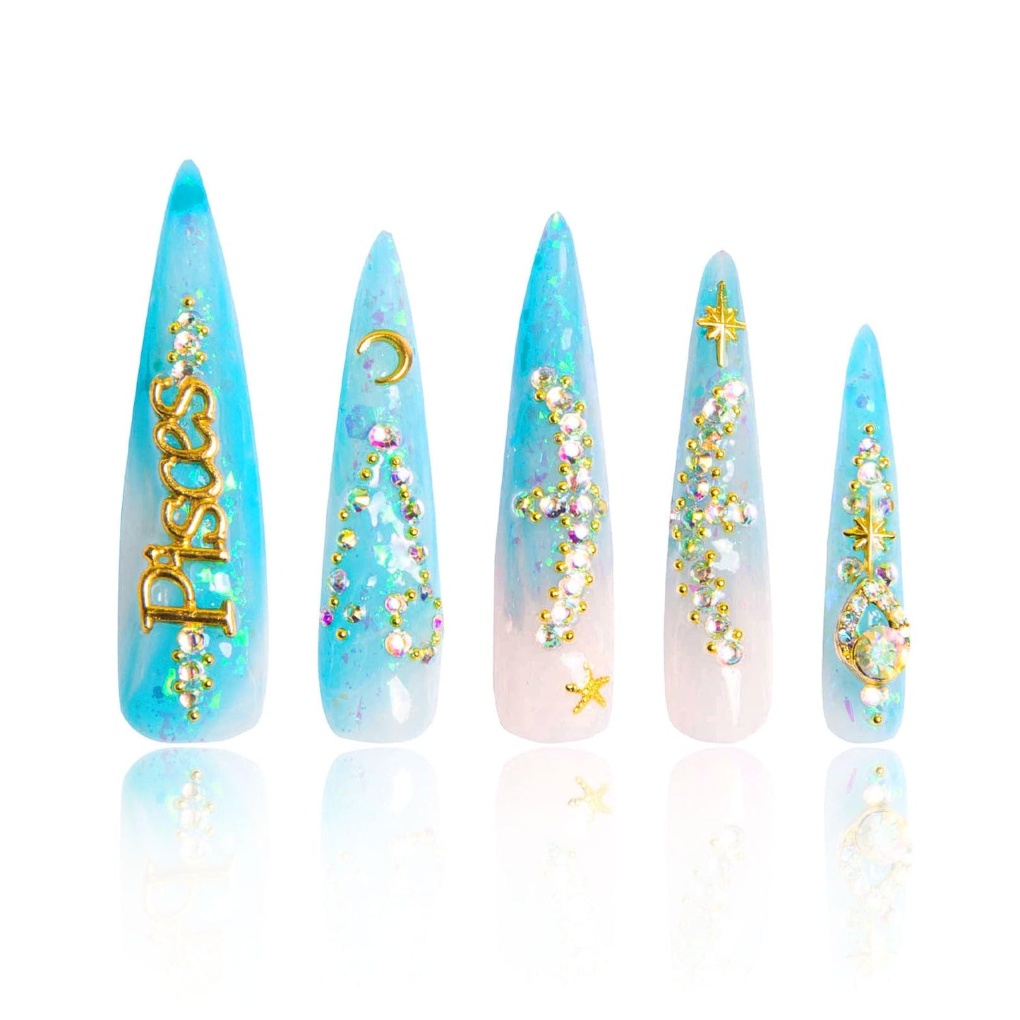 LOVFUL Press on Nails Pisces Blue French Tip | Handmade with Full Covered Crystals | Reusable Full Cover Nails | Stiletto Long 2.2 in | H157-S