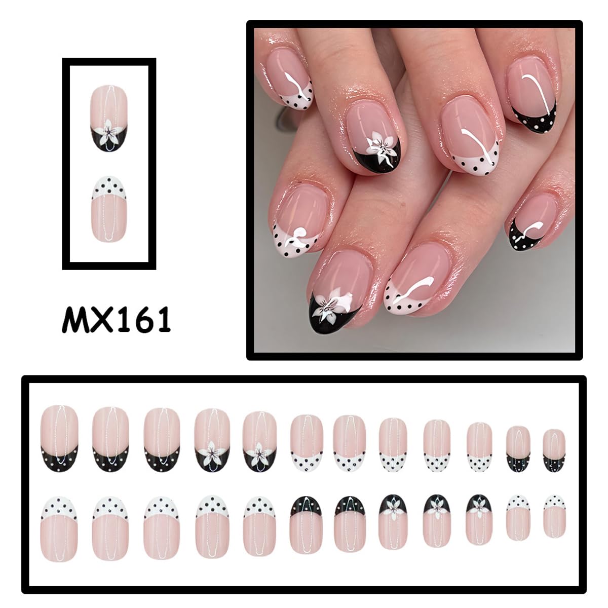 French Tip Press on Nails Short Oval Fake Nails Polka Dot Nails Press ons with Flower Design Artificial Acrylic Nails Reusable Full Cover Glue on Nails for Women Manicure 24Pcs