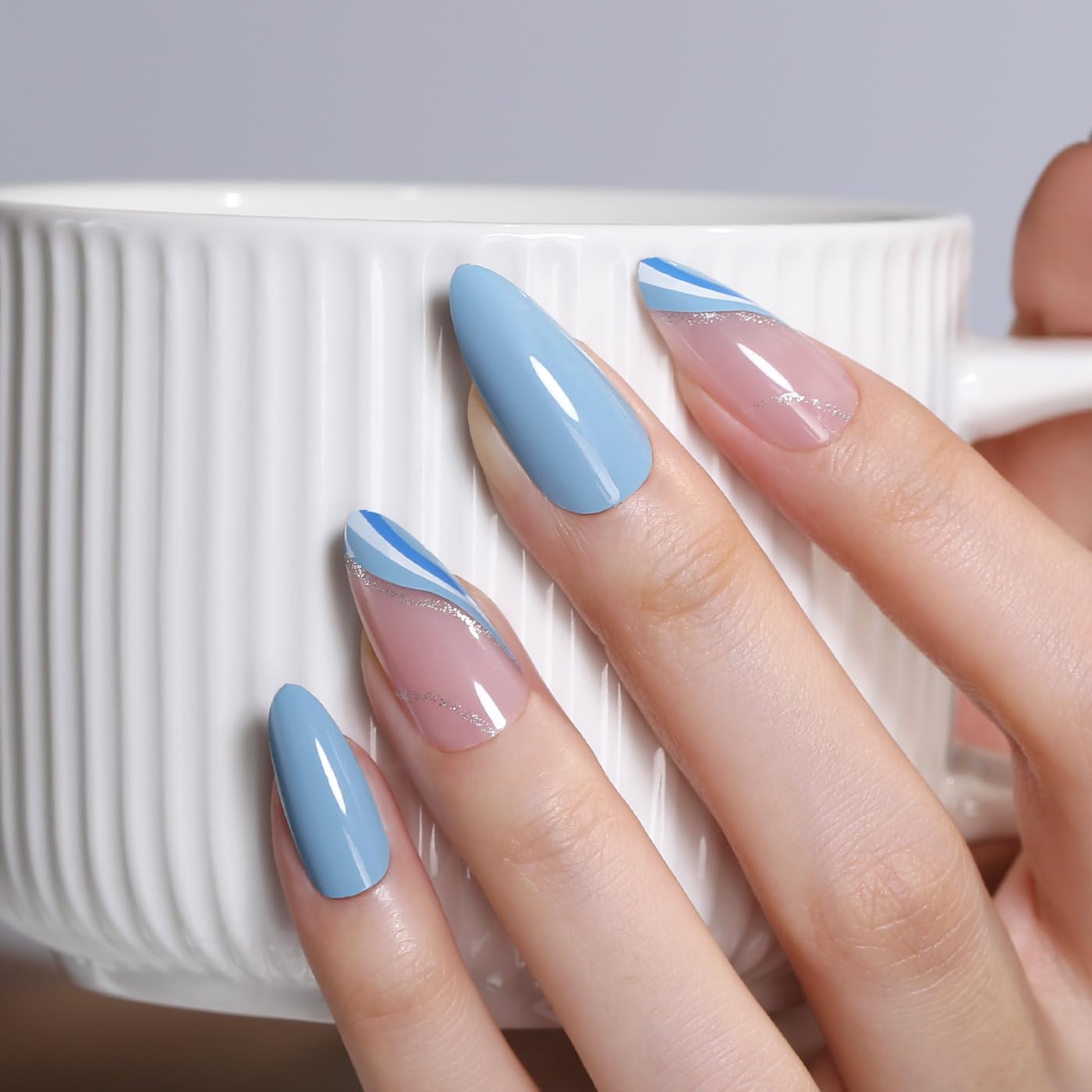 Goolich Bright Blue French Tip Press On Nails Medium Almond, Sheer Nude Pink Nails Press ons Set with Adhesive Tabs, 24 Pcs 12 Size Reusable Full Cover Glue on Nails for Women