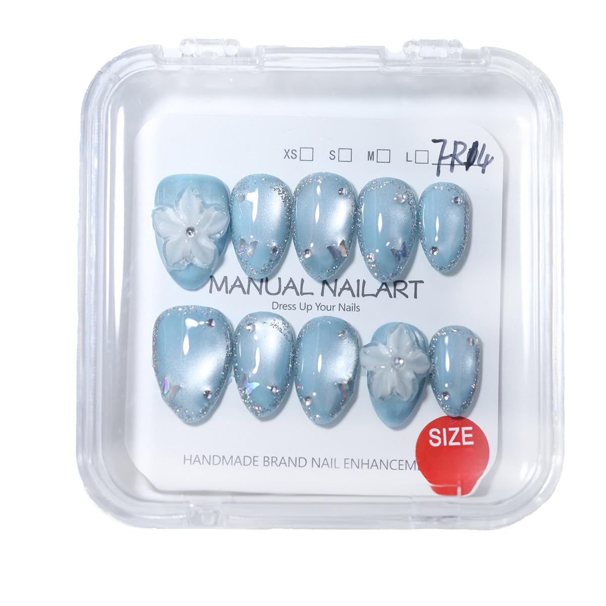 10 Pcs Short Almond Handmade Press On Nails | Sky Blue Cat Eye with 3D Floral & Rhinestone Accents | Reusable, Easy to Apply & Remove, Salon-Quality Manicure (RR16, M)