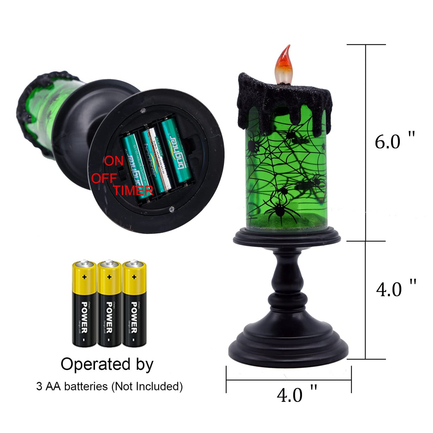 DRomance Halloween Flameless Candle Snow Globe Battery Operated with 6 Hour Timer, Green Light Spider Decal Water Tornado Lamp LED Candlestick Halloween Season Decor Gift 4 x 10 Inches
