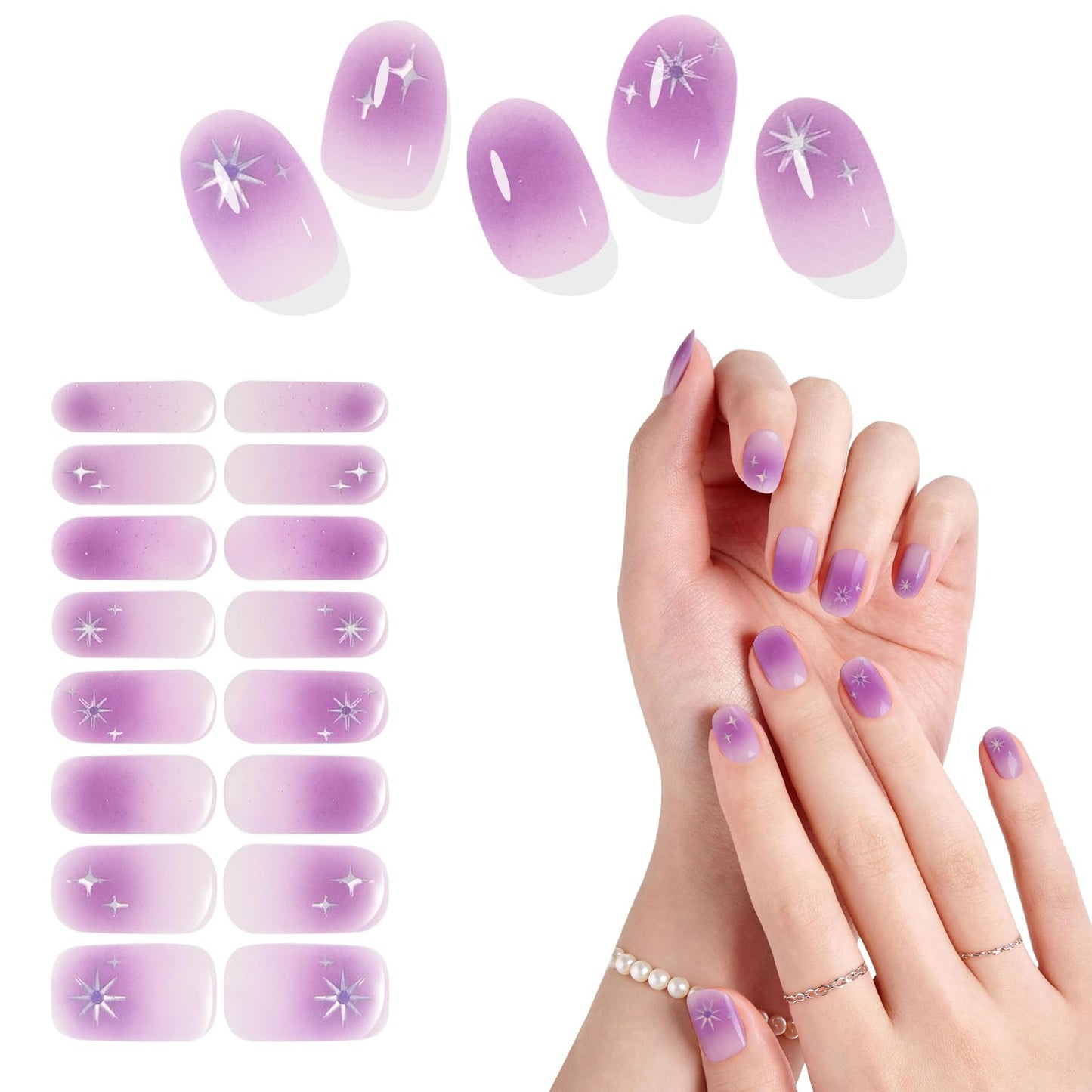 Semi Cured Gel Nail Strips -Taro Gradient Star - Stylish Nail Wraps, No UV Light Needed, Effortless Application & Removal, Salon Quality, Includes 16 Wraps, 1 Prep Pad, Wooden Stick & Nail File