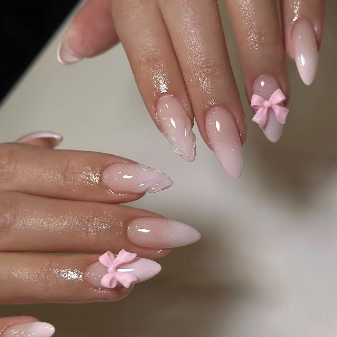 Handmade Gradient Milky white tip Press on Nails style Almond Fake Nails with Glue Stick on Nails for Women Manicure Decoration Bow 10PCS (MT-134-M)
