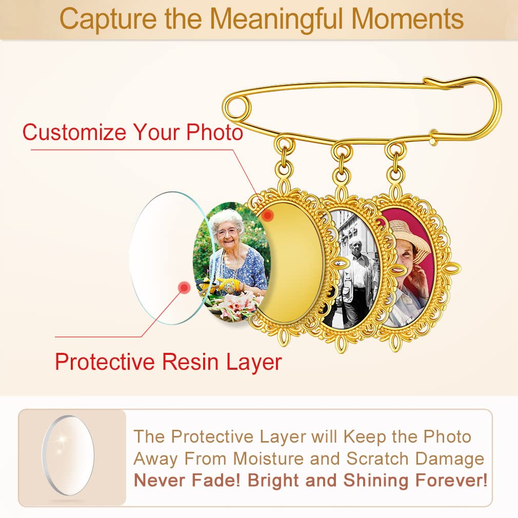 Custom4U Wedding Charms for Bouquet Custom 3 Picutres Customized Photo Pins Oval Shaped Memory Charm Funeral Boutonniere