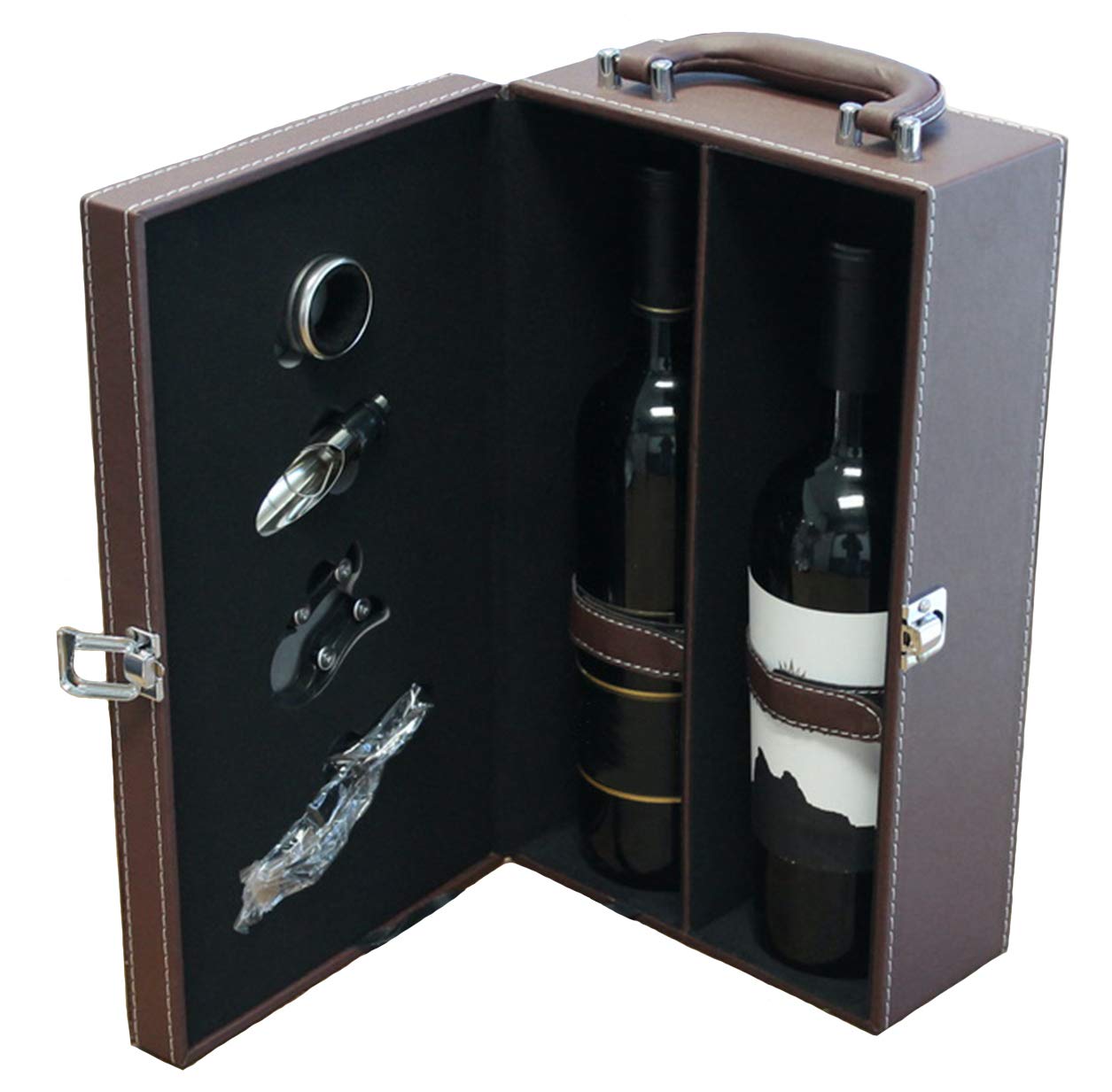 Digilant Lifestyle Top Handle Travel Two-Bottle Wine Carrier Case with 4 Piece Wine Accessory Set (Brown)