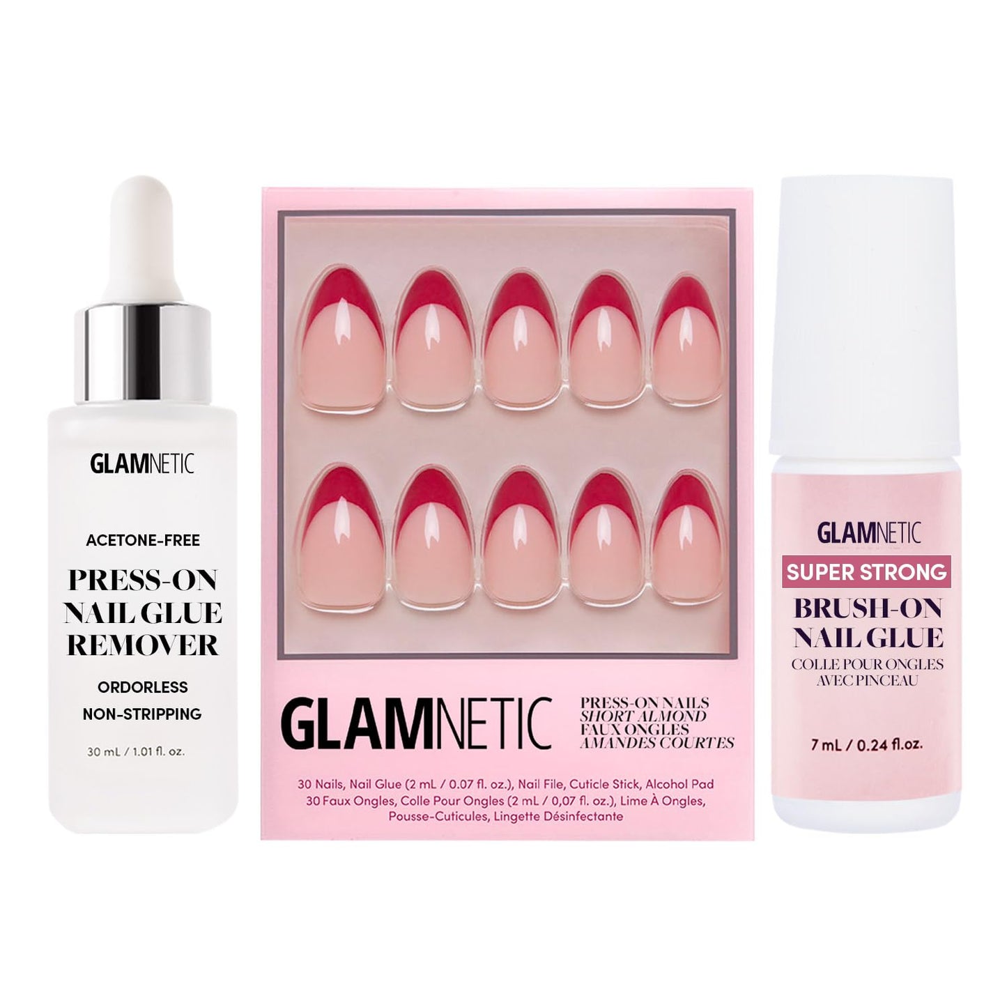 Glamnetic Press-On Nails - Rose Garden | Semi-Transparent Red French Tip Short Almond False Nails | 15 Sizes - 30 Nail Kit with Glue and Remover
