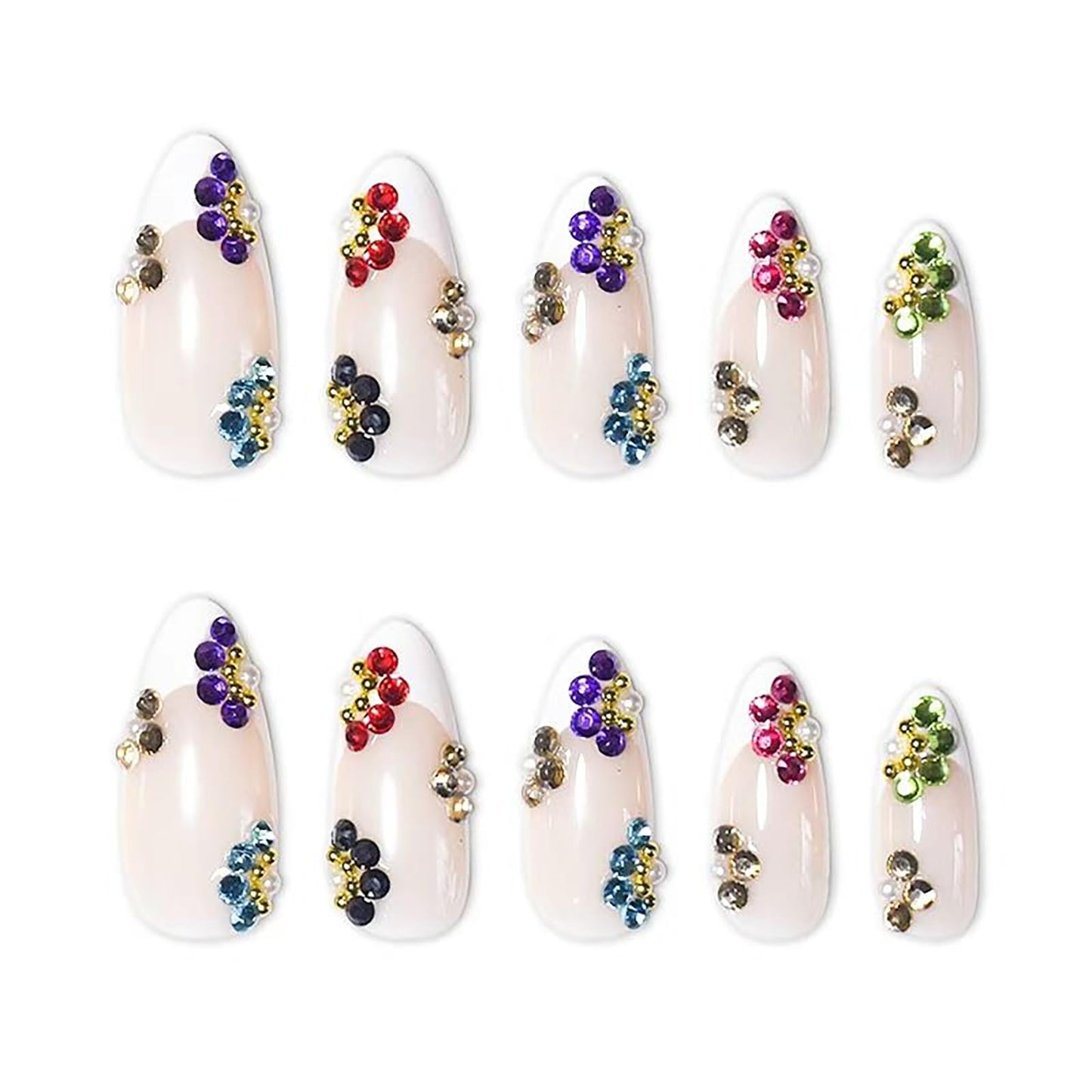 RUOKEXIN Long Press on Nails Almond Fake Nails White French Tip False Nails with 3D Flower Designs Stiletto Nail Press ons Sparkly Artificial Nails for Women 24Pcs