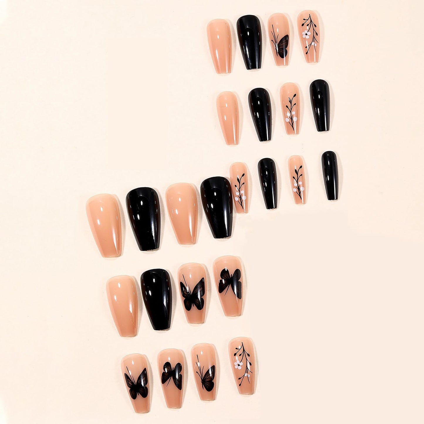 MISUD Press on Nails - Long Coffin Fake Nails with Black Butterfly, Acrylic Nude Design 24 pcs