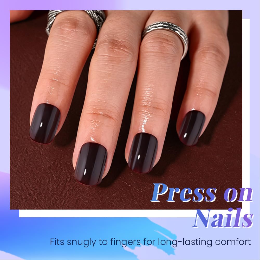 evpct Dark Coffee Glossy Squoval Short Press on Nails for Women, Coffee Extra Short Squoval No Glue Stick on Nails with Kit, Reusable Full Cover Soft Press on Fake Nail Salon-quality Perfectly Fit