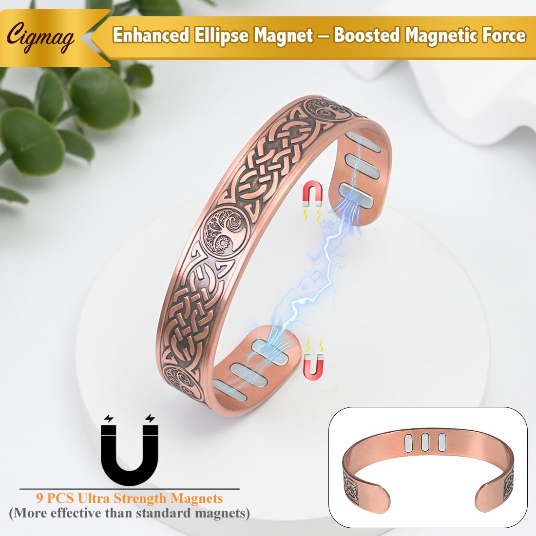 Cigmag Copper Magnetic Bracelet for Men, with Powerful 9X 5000 Gauss Magnets, Adjustable Solid Pure Copper (Sun Moon Life Tree)