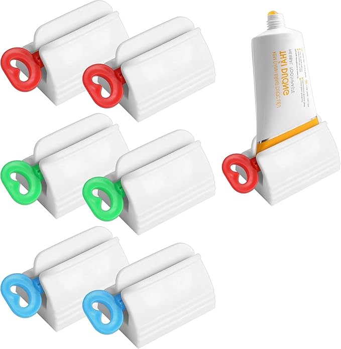 Toothpaste Squeezer and Dispenser, 6-Pack Rolling Key with Rotatable Stand, Wall Mount or Stick Holder for Bathroom, Kitchen, RV Storage Organization
