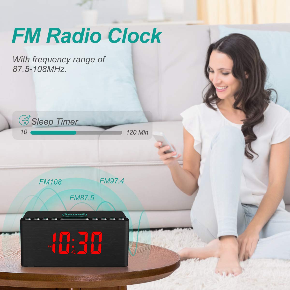 ANJANK Wooden Digital Alarm Clock FM Radio,Qi Certified Fast Wireless Charger Station for iPhone/Samsung,Dimmable LED Display,USB Charging Port,Sleep Timer,Wood Modern Clock for Bedroom Bedside(Black)