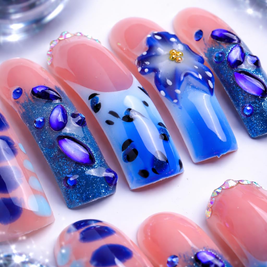 IntoVibes Handmade Curved Press On Nails, 10 Pcs Long Pink Blue Gradient Acrylic False Nails with 3D Flower and Rhinestones (L)