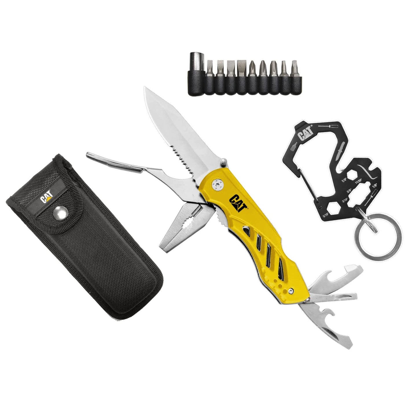 Cat 3-Piece Multi-Tool and Bit Gift Box Set, 11-in-1 Folding Multi Tool, Keychain Multi Tool, 9-Piece Bit Set with Holder, Glass Break, Knife, Pliers, Wire Cutter, Belt Pouch - 240364