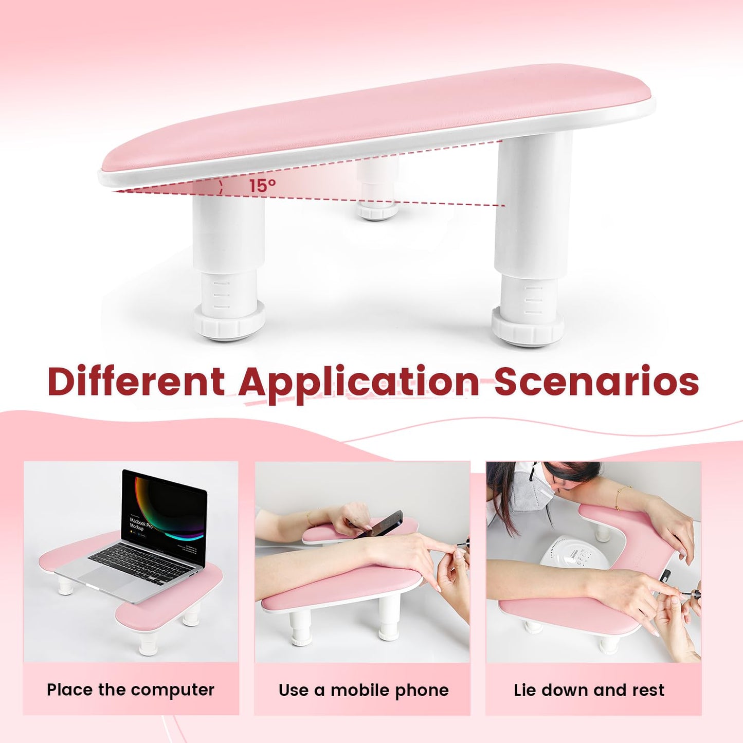 JODSONE Pink U-Shaped Manicure Arm Rest for Nails Tech with Rotating 360°Built-In Phone Holder and Adjustable Nail Arm Rest Detachable Manicure Hand Rest for Salon Design
