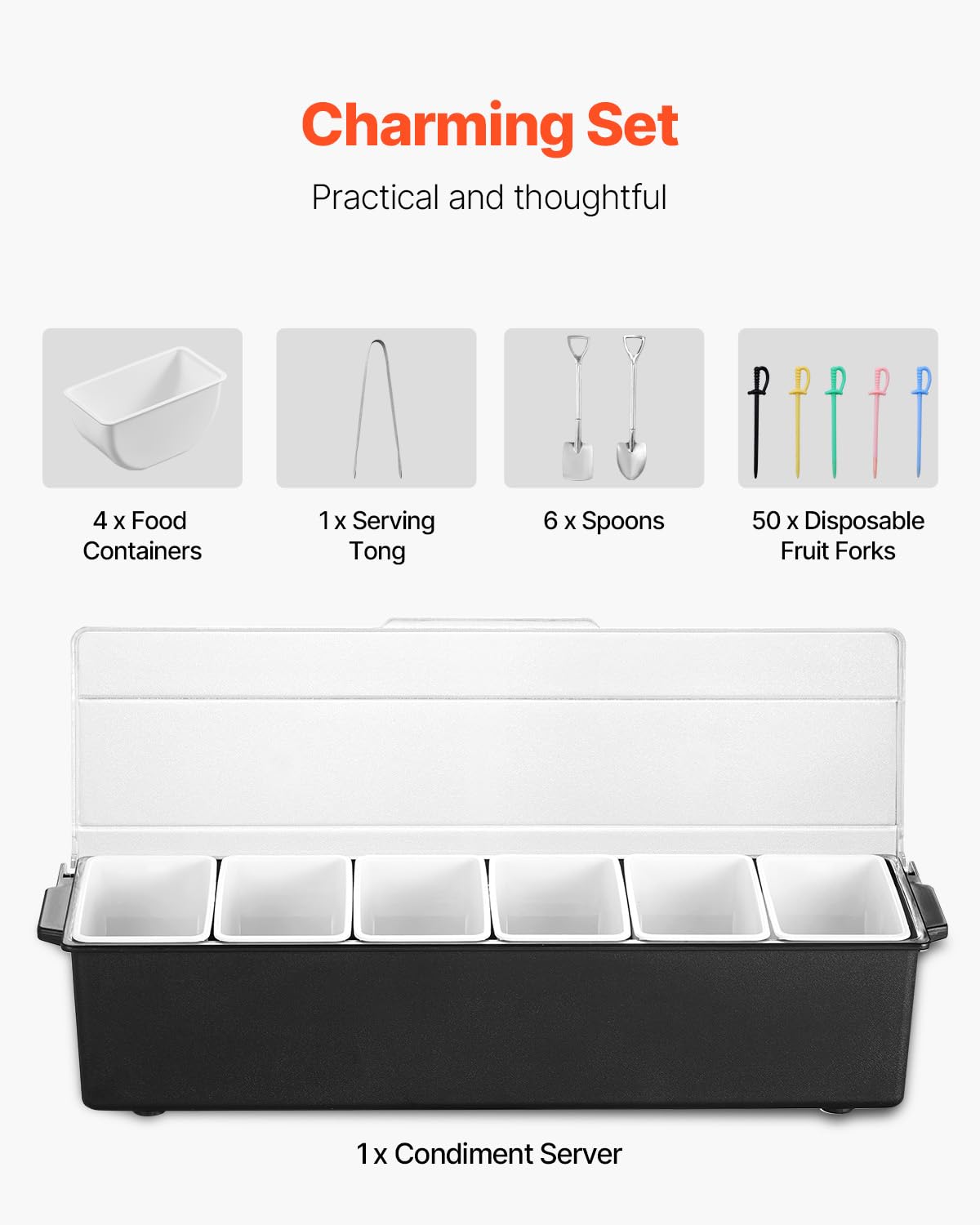 VEVOR Chilled Condiment Server, 6 Compartment Ice Cooled Condiment Serving Container, Chilled Garnish Tray Bar Caddy with Lid, for Bartending & Serving Taco, Salad, Fruit, Home & Restaurant Supplies