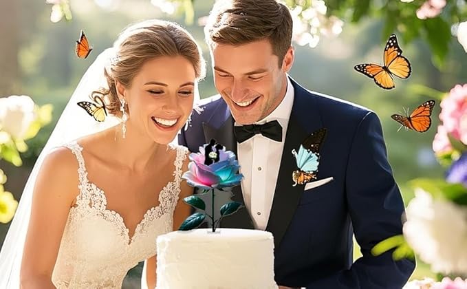 Rose-Shaped Mr & Mrs Cake Topper - Wedding Bride and Groom Cake Decorations for Engagement, Anniversary, Just Married Acrylic（2D)
