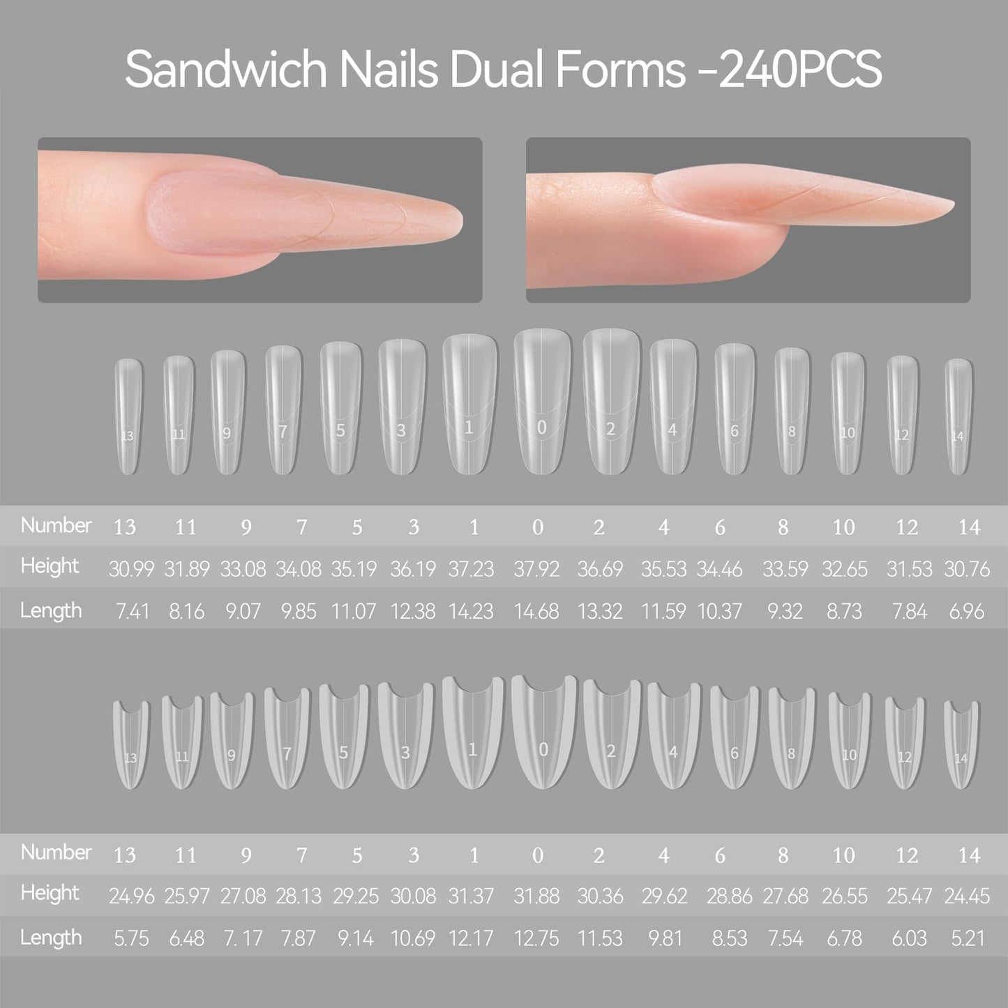 ESUOHYM 240 pcs Sandwich Dual Nail Forms Reusable Quick Nails Extension Mold for Builder Structure Poly Gel,15 Sizes Long Oval Bulider Forms with Almond Shape Guide Lines Nail Art Tools Salon Home