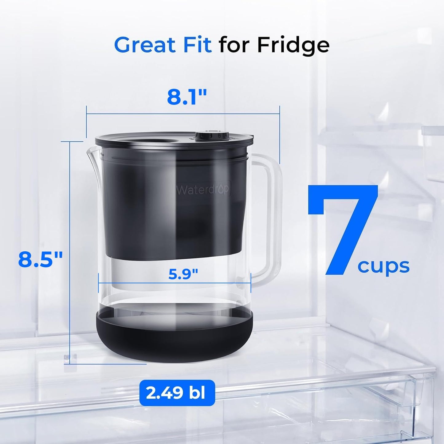 Waterdrop PT-72BL Glass Water Filter Pitcher, 7-Cup, Eco-Friendly, NSF/ANSI 53, 42 & 372 Certified Filter, Reduces PFOA/PFOS, Chlorine, Cadmium, Copper & Mercury, BPA-Free, Easy to Clean, Black