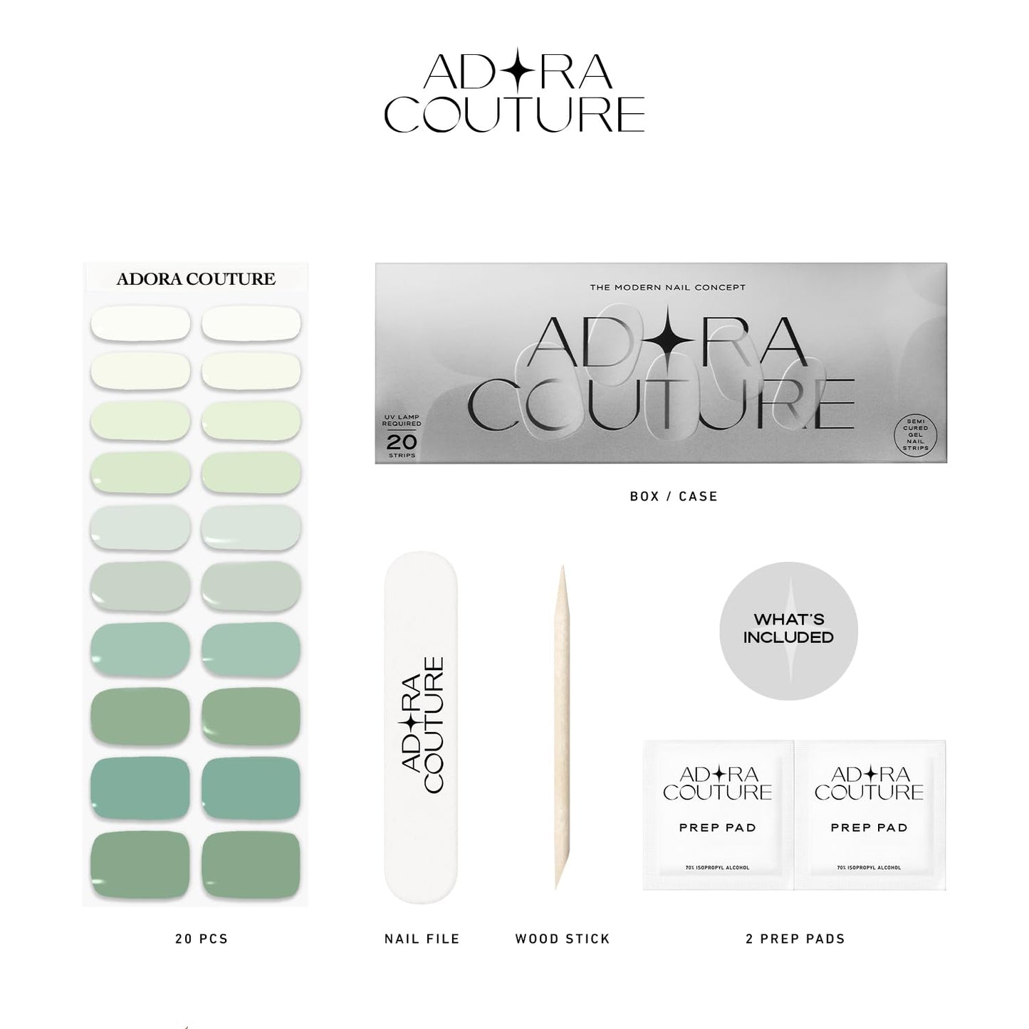Semi-Cured Gel Nail Strips - 20 Salon-Quality Gel Sticker with UV Light Required, Long Lasting, Easy Application & Removal, Includes Prep Pad, Nail File, Wooden Stick (Green Mint)
