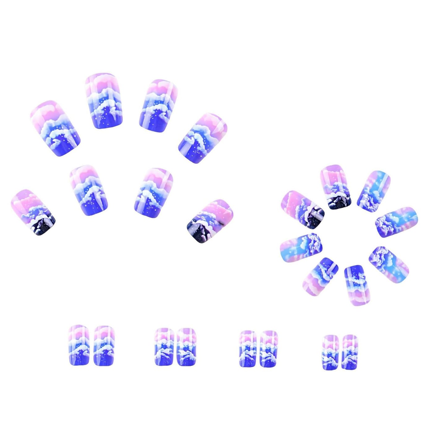 CJDLTS Press On Nails - Medium Aurora Sky Clouds Design, Glossy Full Cover Acrylic Coffin Nails, Reusable Glue On DIY Stick On Nails for Women, 24 Pcs