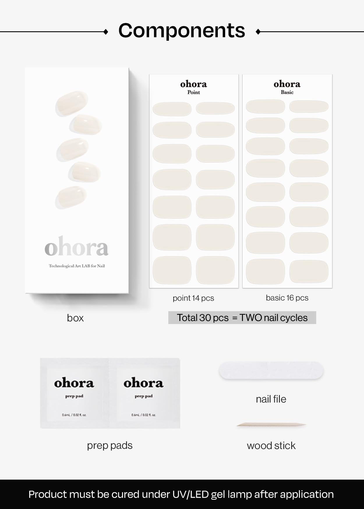 ohora Semi Cured Gel Nail Strips (N Cream Cotton) - White, Solid, Works with Any UV/LED Lamps, Salon-Quality, Long Lasting, Easy to Apply & Remove - Includes 2 Prep Pads, Nail File & Wooden Stick