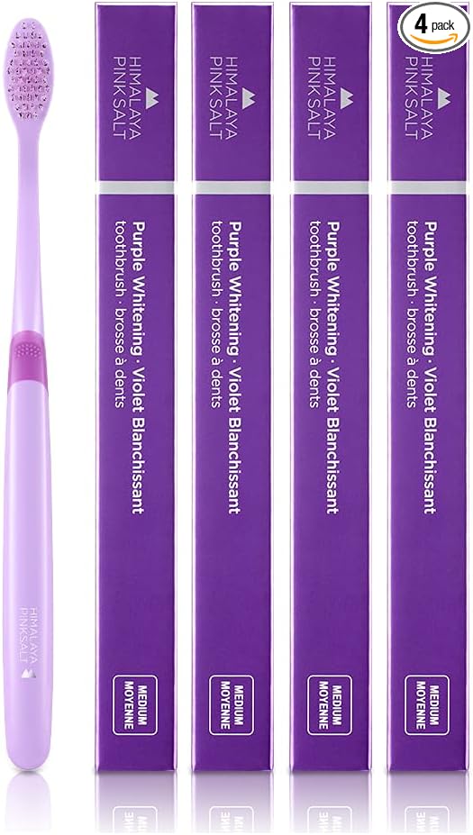 HIMALAYA PINKSALT Purple Toothbrush 4 Count - Purple Indicater Medium Toothbrushes for Adults, Plaque Remover for Teeth, Tapered Bristles Gentle on Teeth and Gum, Deep Clean Toothbrush