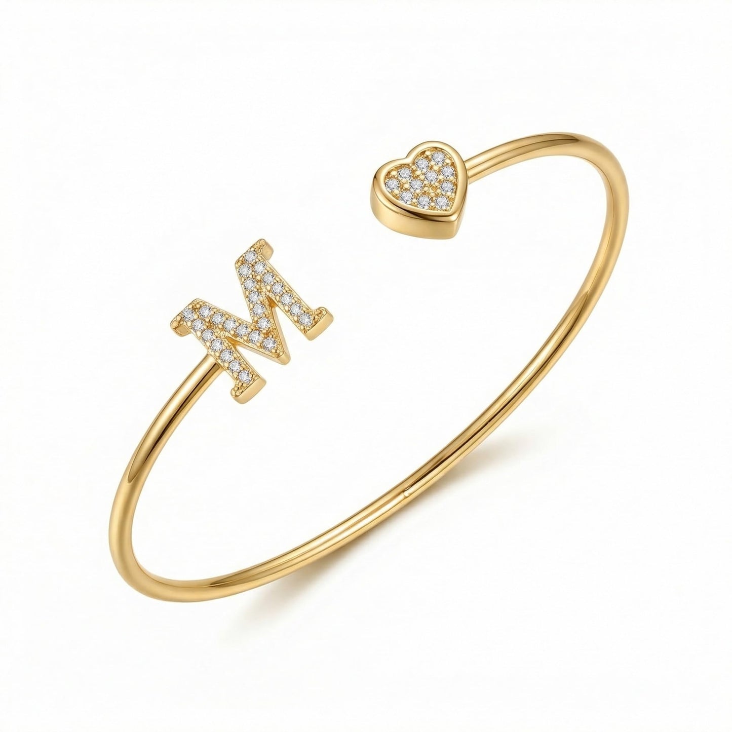 BXDA Trendy Gold Plated Heart Initial M Cuff Bangle Bracelet for Women, Handmade Statement Cubic Zirconia Stackable Open Letter Bracelets Fashion Jewelry Accessories Gift