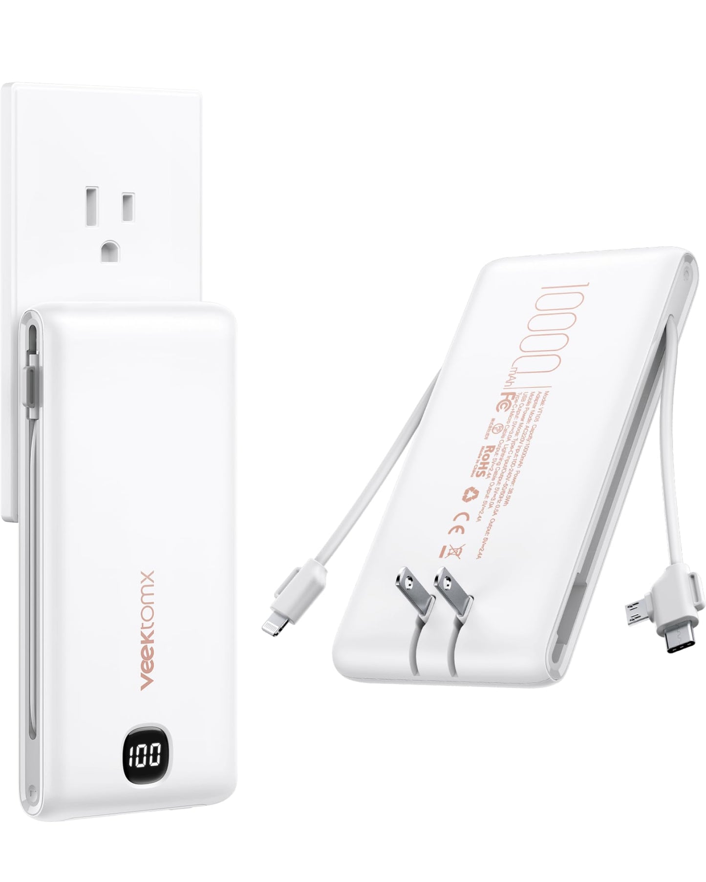VEEKTOMX Portable Charger with Built in Cables 10000mAh, Power Bank for iPhone with AC Wall Plug, Fast Charging USB C Slim Battery Pack with LED Display Compatible with iPhone 17/16/15/14, Samsung