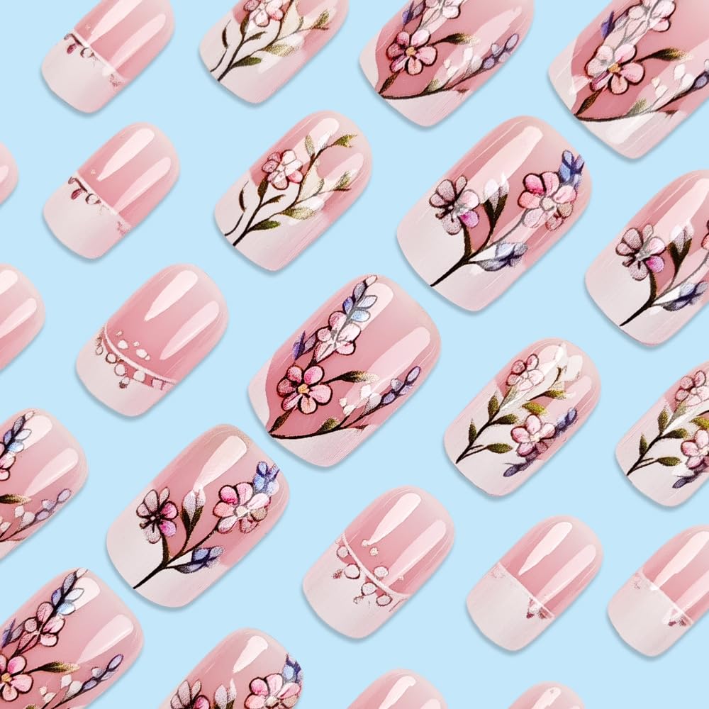 24pcs Flower Short Square Press on Nails White French Tips Fake Nails White Flower with Gradient Design False Nails Nude Glossy Full Cover Floral Artificial Stick on Nails for Women Manicure 24 Pcs