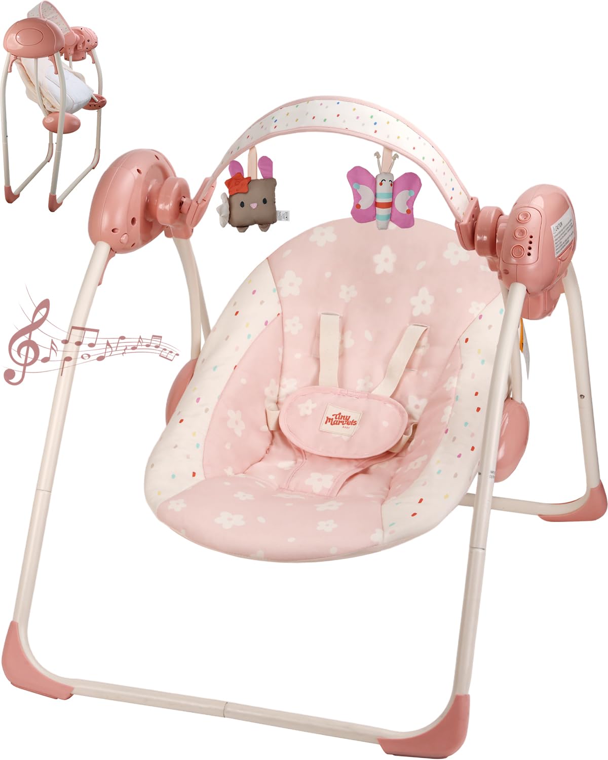 Baby Swings for Infants, Tiny Marvels Portable Swing with Adaptable Speed, Music, Removable-Toy-Bar, Foldable Infant Swing for Indoor and Outdoor Use, 0-9 Months 6-20 lbs(Blush Bloom)