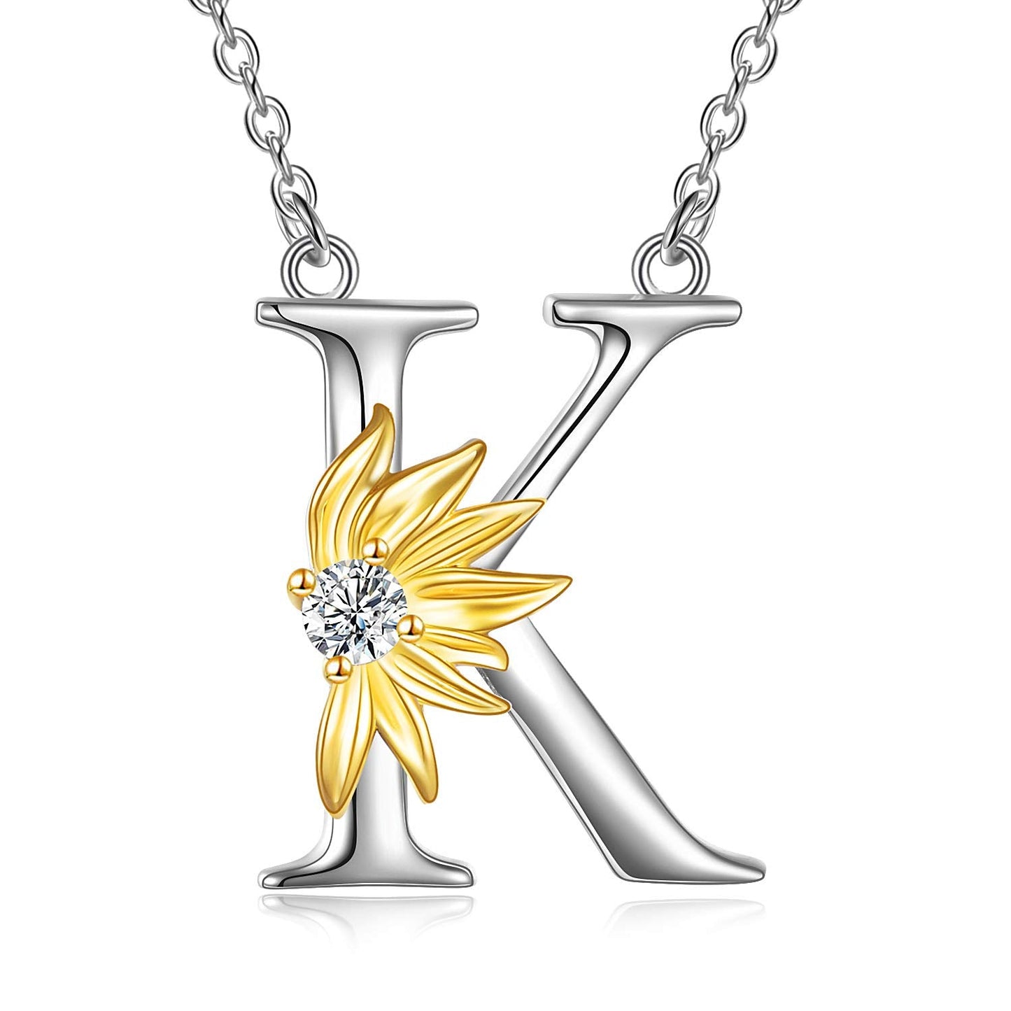 POPLYKE Sterling Silver Initial K Alphabet Letter Script Name Pendant Chain Necklace for Women for (Sunflower K)