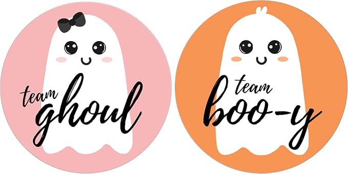 Halloween Gender Reveal Party Stickers 40ct – Team Boo-y or Team Ghoul Little Ghost Design in Orange & Pink