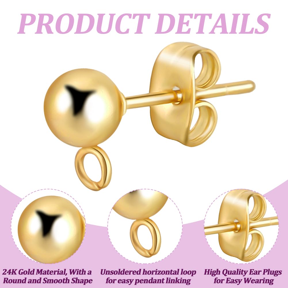 Beebeecraft 1 Box 100Pcs Ball Post Earring Studs Gold Earring Posts with Loop Small 5mm Round Ball 24K Gold Plated Stainless Steel Stud Earring Findings for Jewelry Making Earrings Supplies DIY Crafts