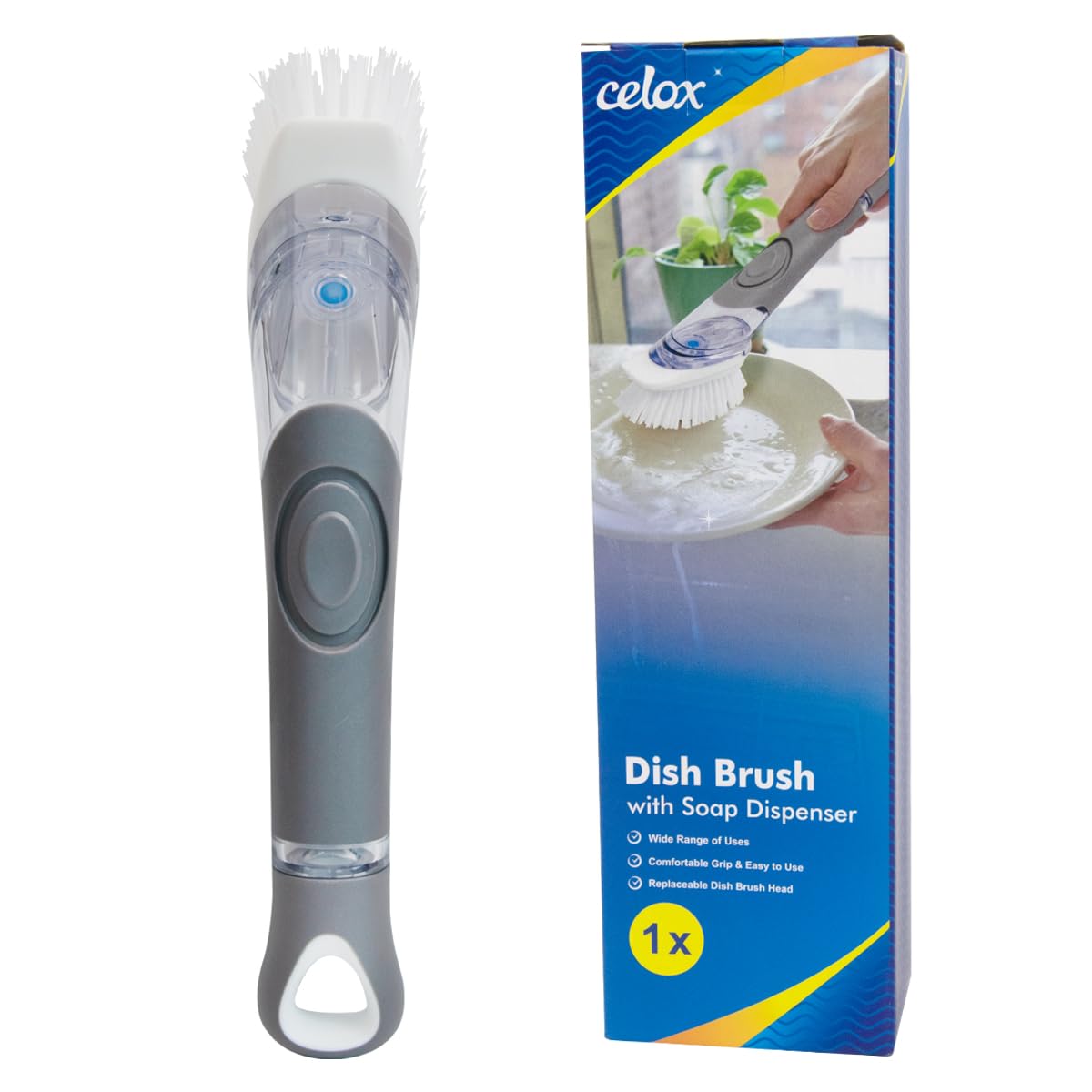 CELOX Soap Dispensing Dish Scrub Brush, Dish Wand for Kitchen, Gray