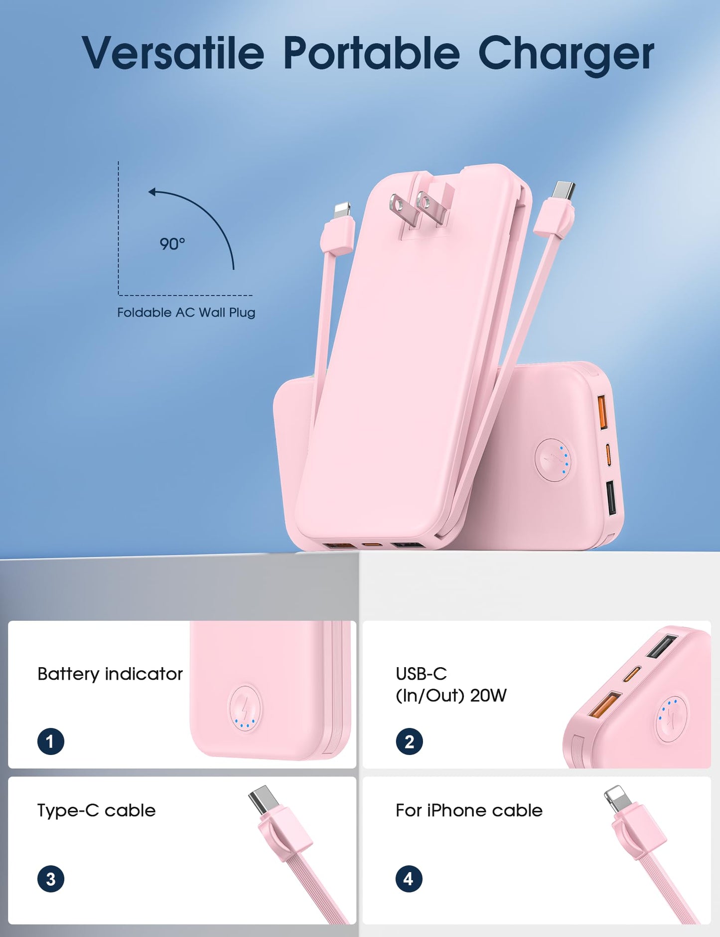 Nusyddy Portable Charger, 10000mAh PD20W Fast Charging Power Bank with Built-in Cables & Wall Plug, Travel Essentials External Battery Pack, USB C Battery Phone Charger for iPhone, iPad, Samsung Pink