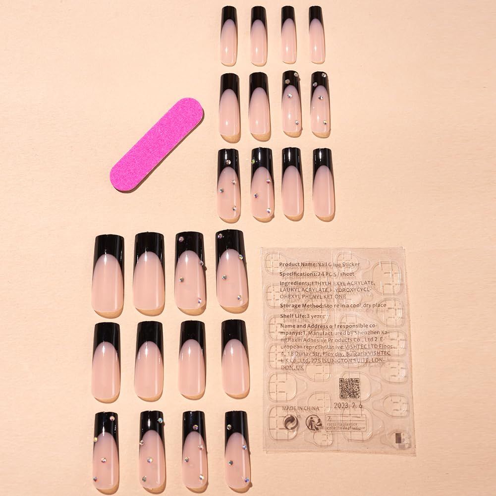 Long Press on Square False Nails 24Pcs with Rhinestones Designs Acrylic Press ons Artificial Stick on Fake Nails for Women - Black French Tip
