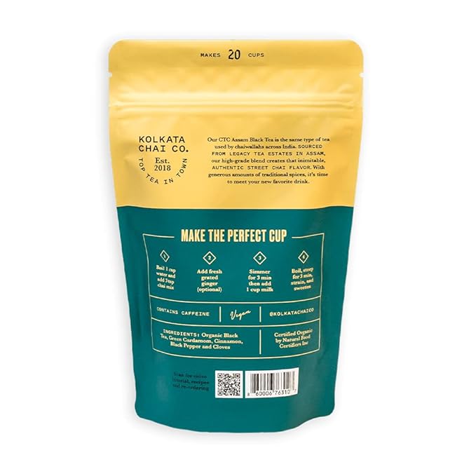 Kolkata Chai Signature Masala Chai mix, 100% Organic Black Tea, Makes 20 cups, Premium loose leaf tea and spice blend, All Natural, 4.23 oz